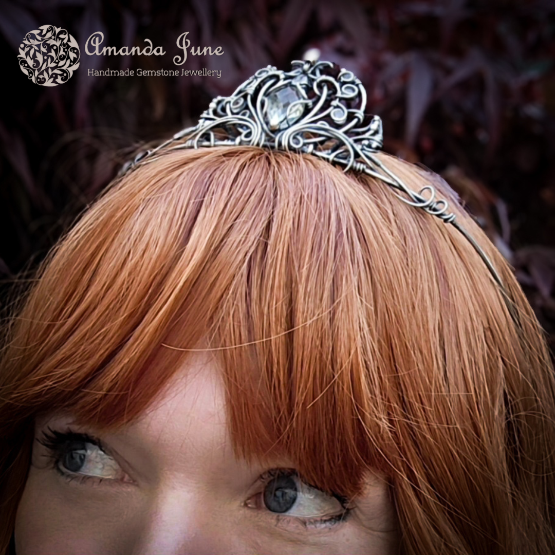 Sterling Silver Lotus Tiara With Prasiolite, Rainbow Moonstone and Rose Quartz