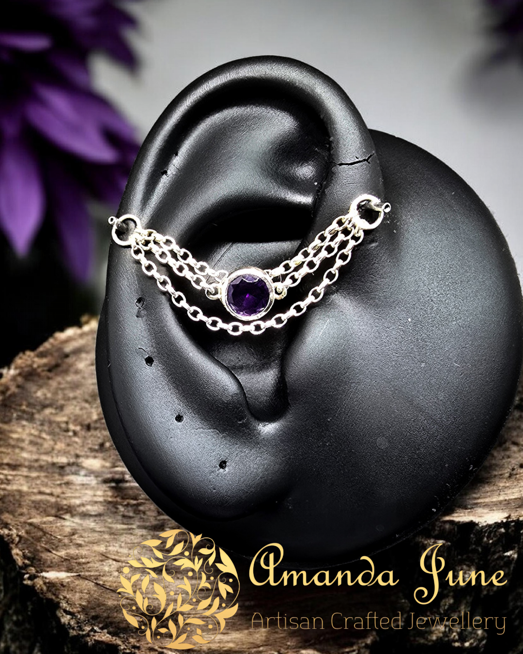 Amethyst Industrial Ear Chain – Sterling Silver - Natural Gemstone - February Birthstone