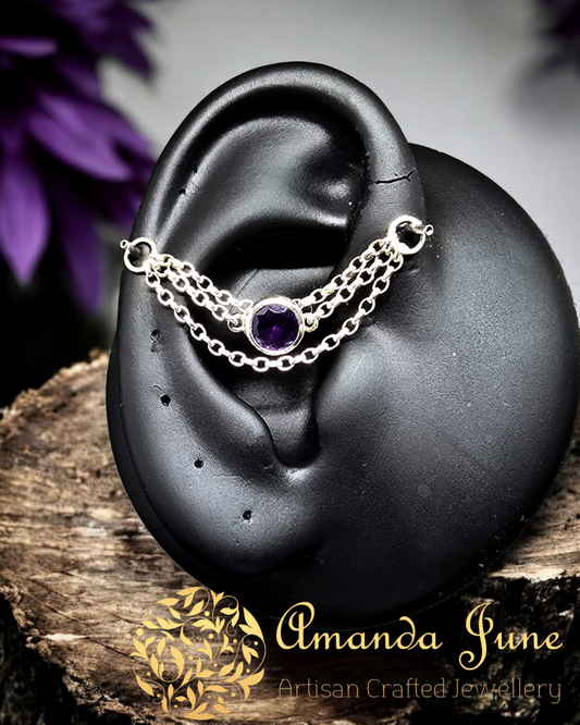 Amethyst Industrial Ear Chain – Sterling Silver - Natural Gemstone - February Birthstone