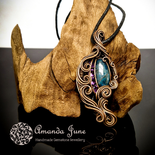 Apatite and Amethyst Gemstone Pendant in Copper