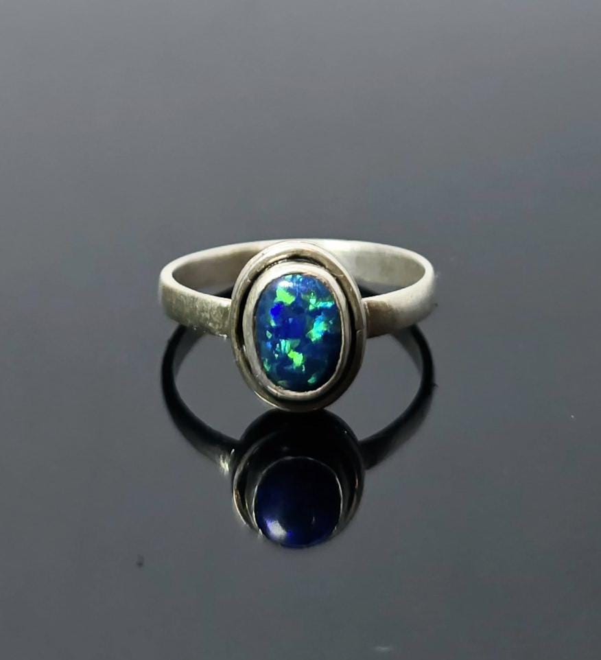 Black Opal Gemstone Ring Handmade in Sterling Silver UK Size M