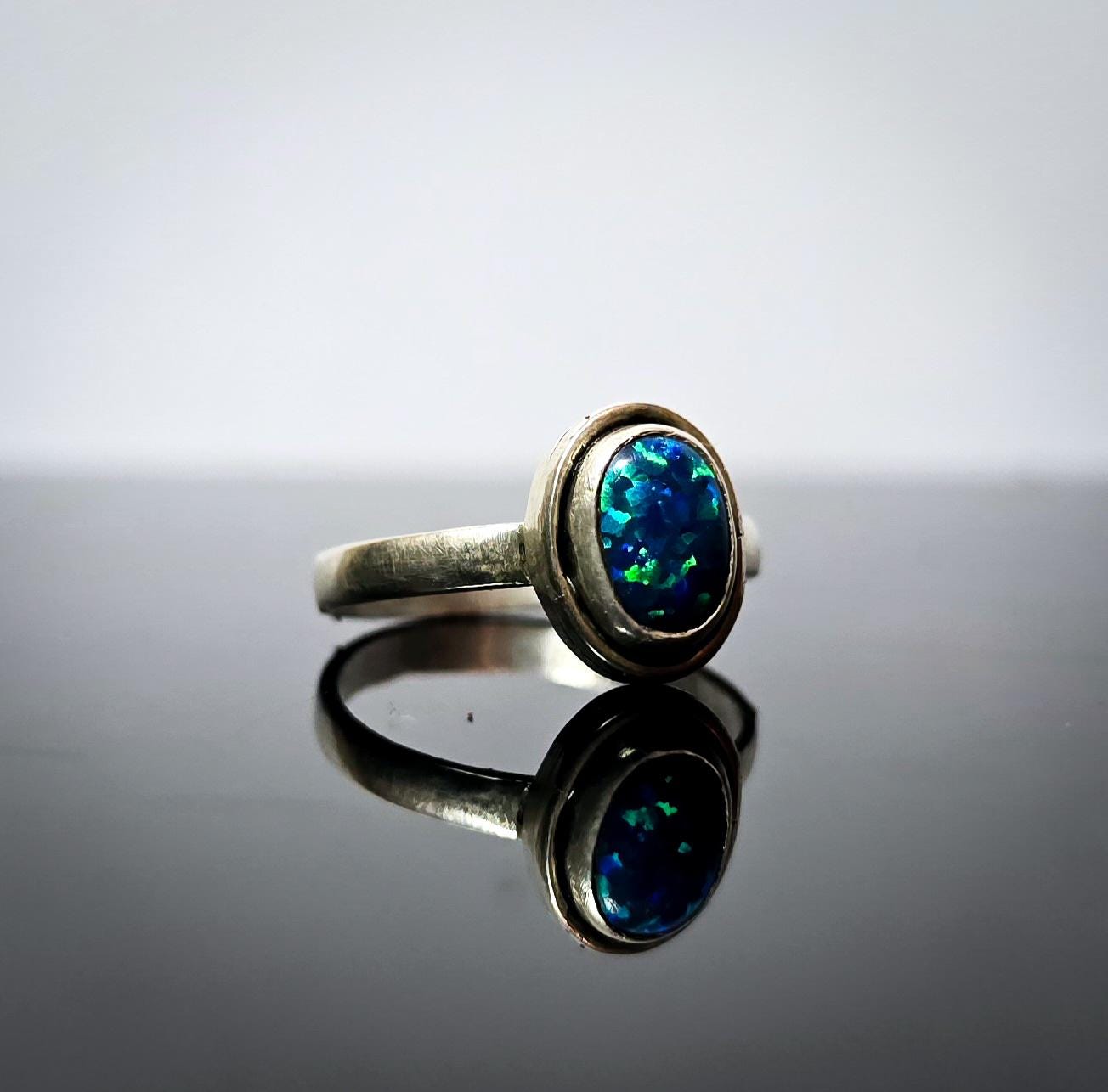 Black Opal Gemstone Ring Handmade in Sterling Silver UK Size M
