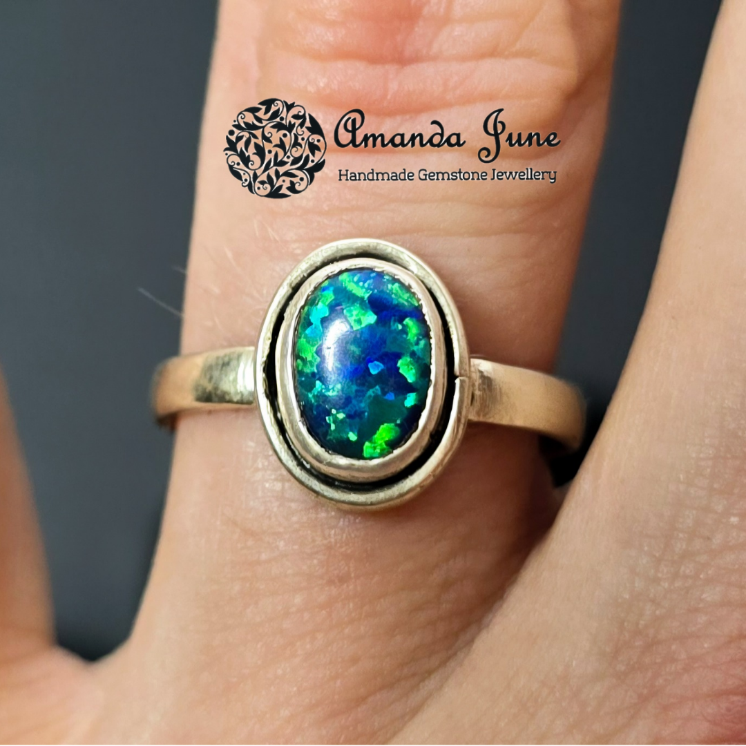 Black Opal Gemstone Ring Handmade in Sterling Silver UK Size M