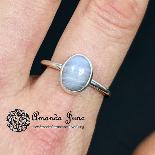 Blue Lace Agate Gemstone Ring Handmade in Sterling Silver UK Size Q