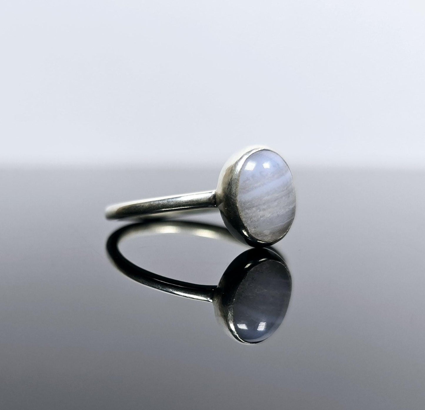 Blue Lace Agate Gemstone Ring Handmade in Sterling Silver UK Size Q