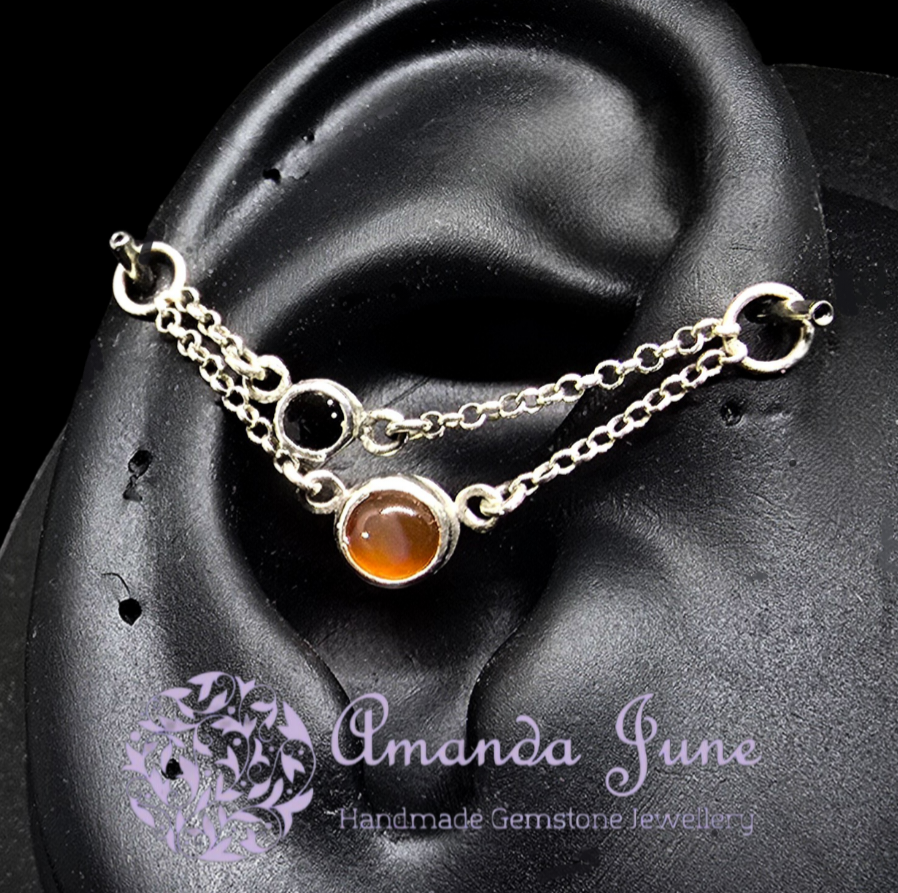 Carnelian and Sapphire Ear Chain - Sterling Silver - Styling for Pierced Ears - Artisan Crafted - Natural Gemstone - September Birthstone