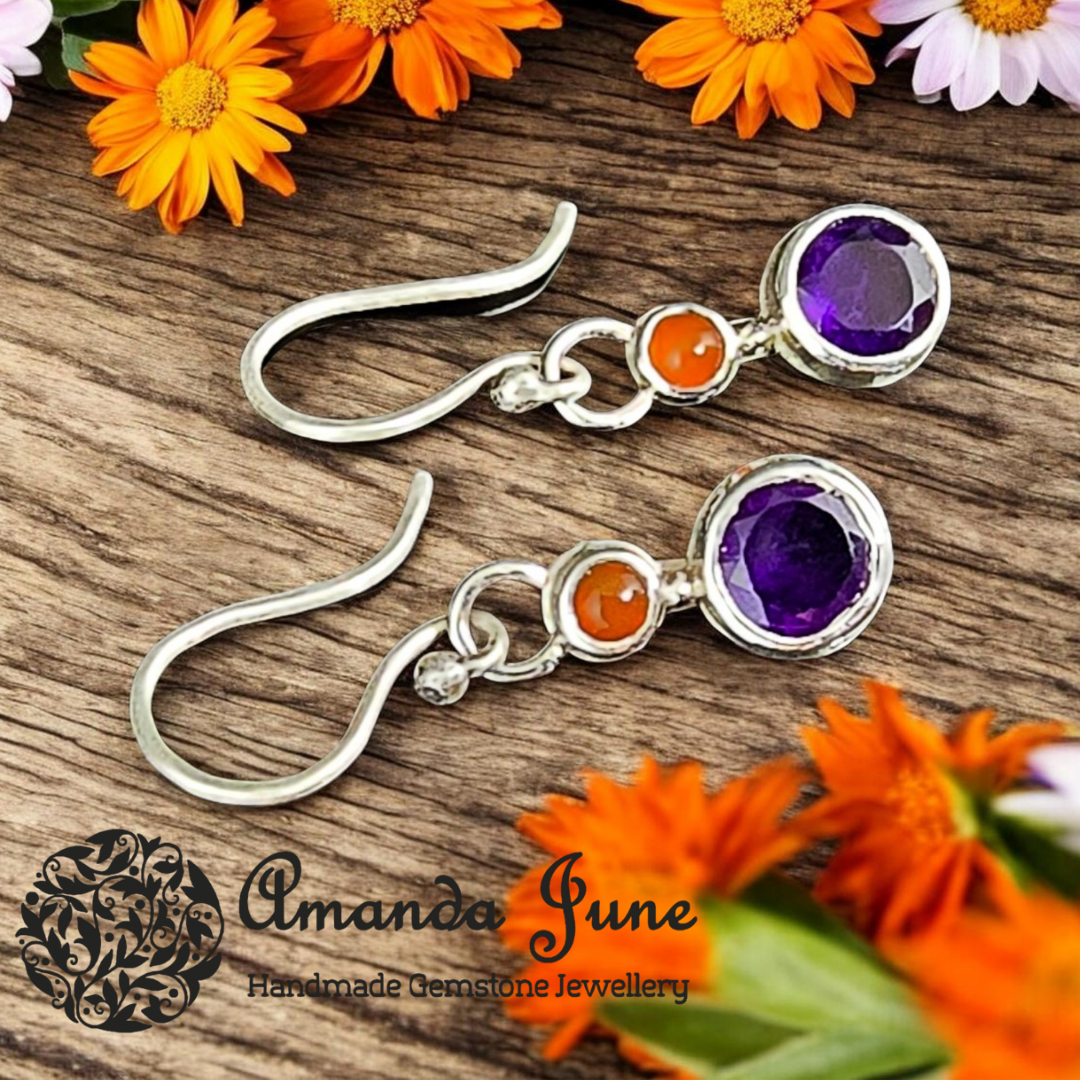 Carnelian and Amethyst Dangle Earrings - Sterling Silver -  Artisan Crafted - Natural Gemstone - February Birthstone