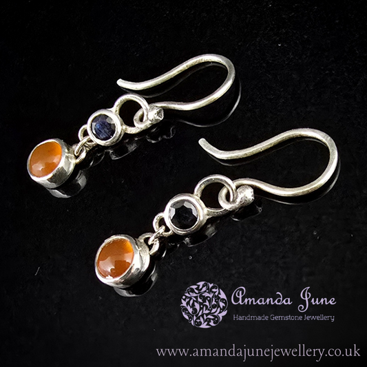 Carnelian and Sapphire Dangle Earrings - Sterling Silver -  Artisan Crafted - Natural Gemstone - September Birthstone