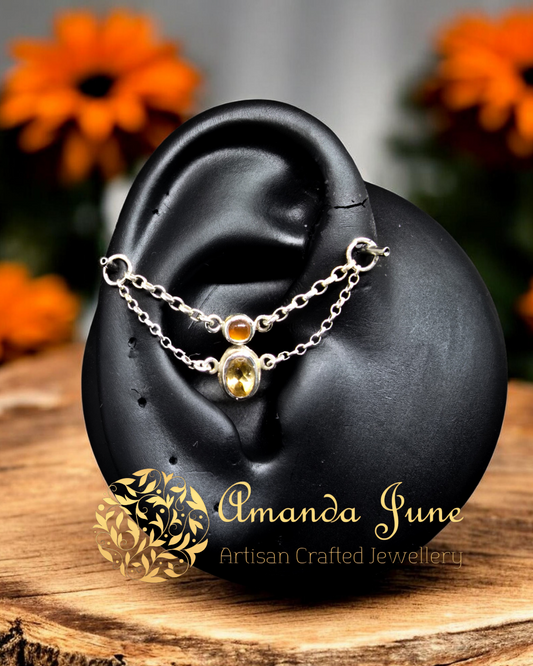 Carnelian and Citrine Industrial Ear Chain – Sterling Silver - Natural Gemstone - November Birthstone