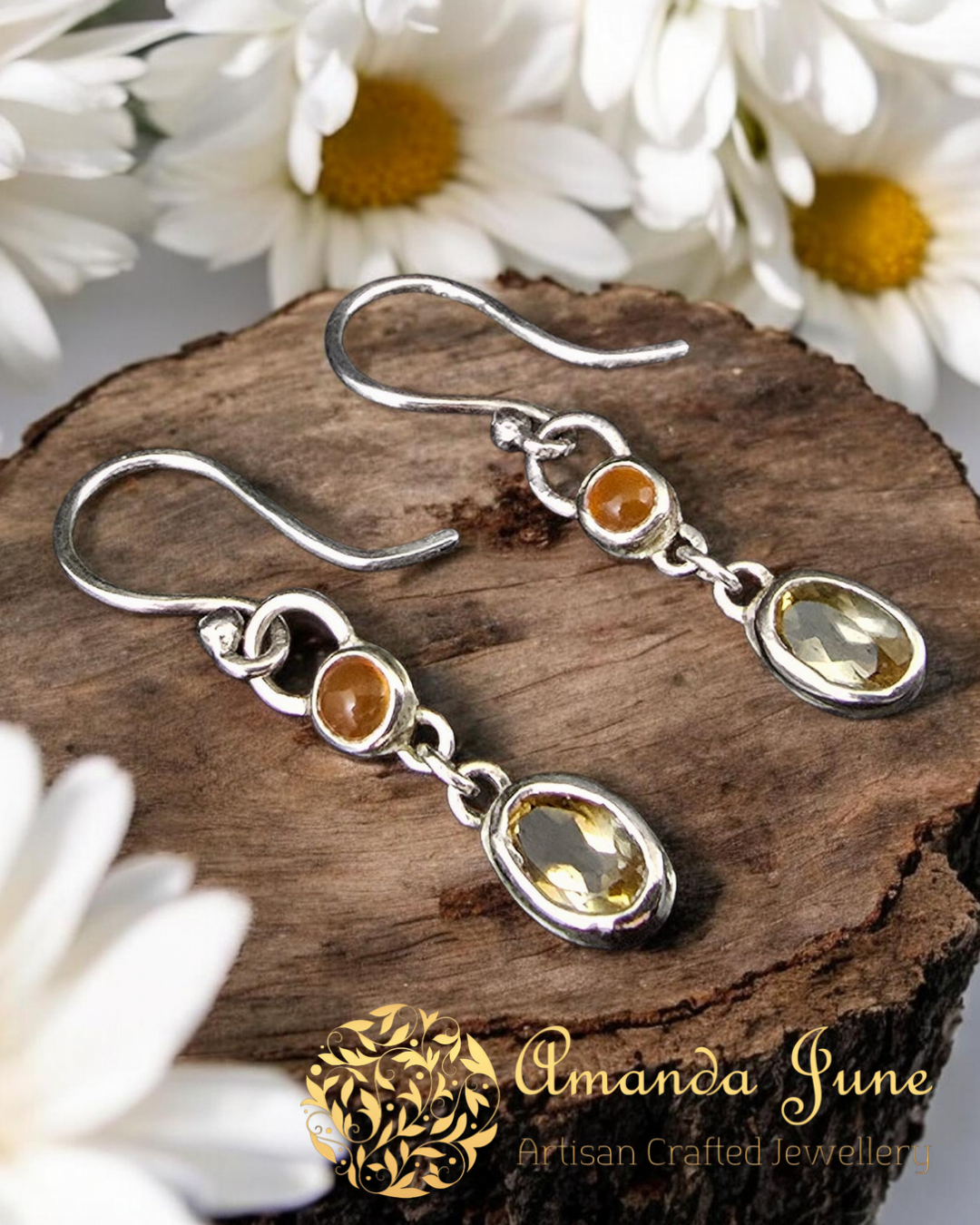 Citrine and Carnelian Summer Dangle Earrings - Sterling Silver - Artisan Crafted - Natural Gemstone