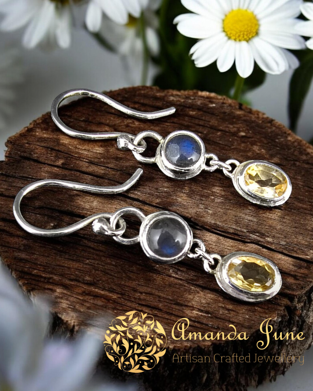 Citrine and Labradorite Dangle Earrings - Sterling Silver -  Artisan Crafted - Natural Gemstone