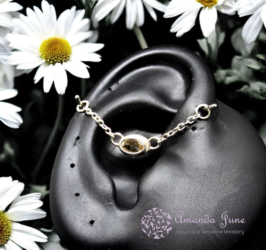 Citrine Gemstone Ear Chain - Sterling Silver - Styling for Pierced Ears - Artisan Crafted - Natural Gemstone - November Birthstone
