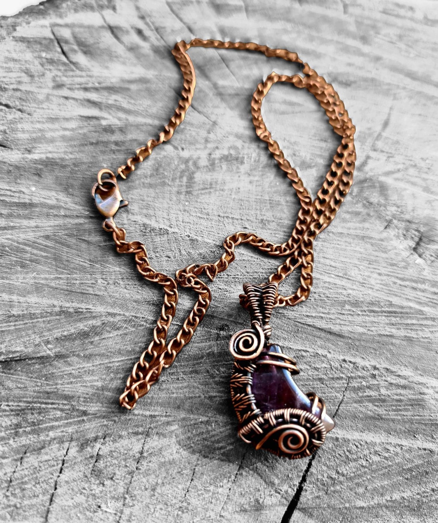 Amethyst Tiny Crescent Moon Wire Wrapped Pendant in Copper