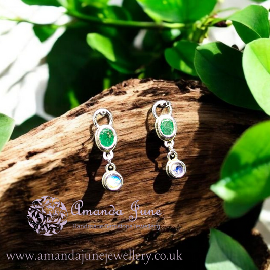 1 Pair of Emerald and Rainbow Moonstone Charms - Sterling Silver - Ear Styling for Pierced Ears - Artisan Crafted - Natural Gemstone - May or June Birthstone