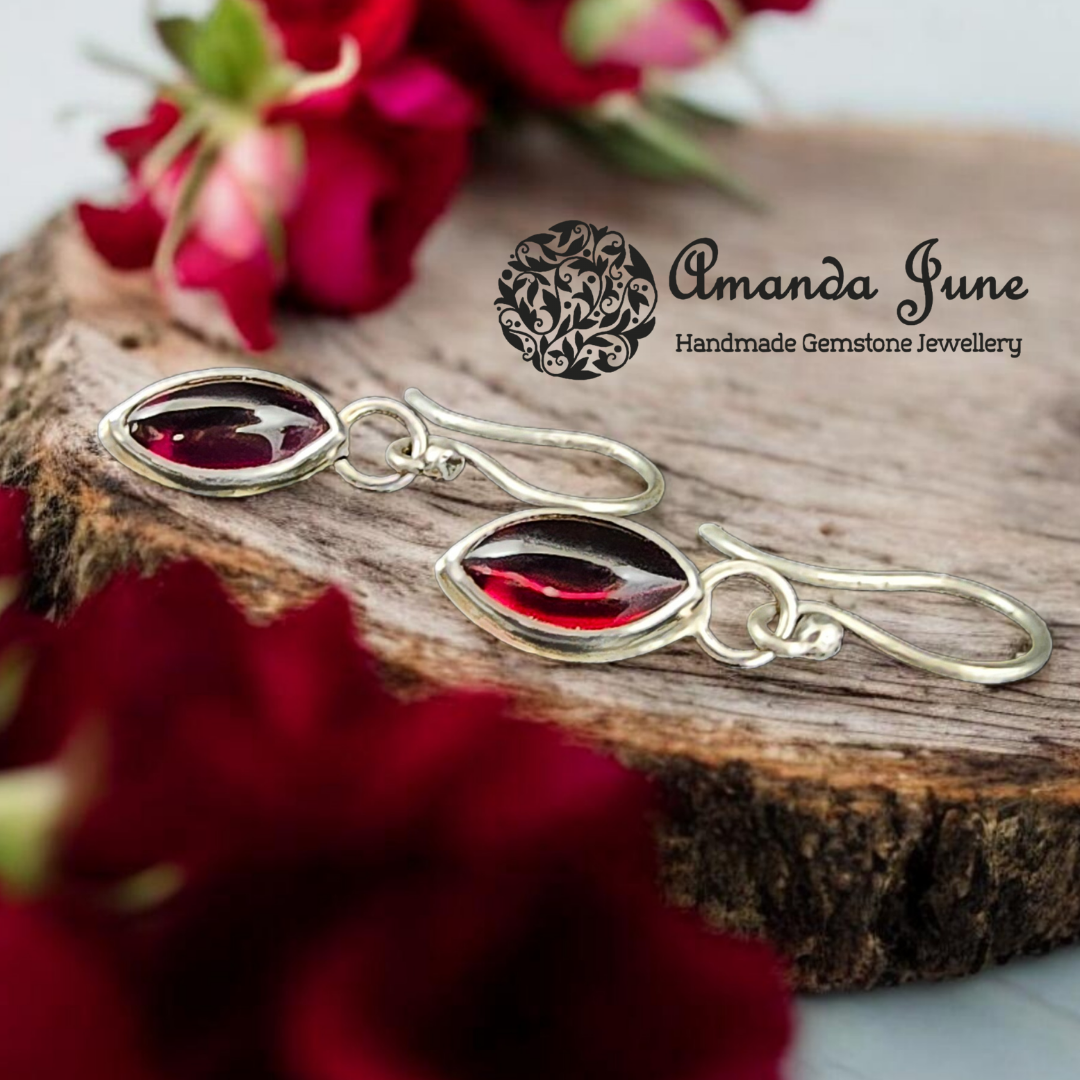 Garnet Marquis Dangle Earrings - Sterling Silver - Artisan Crafted - Natural Red Gemstone - January Birthstone