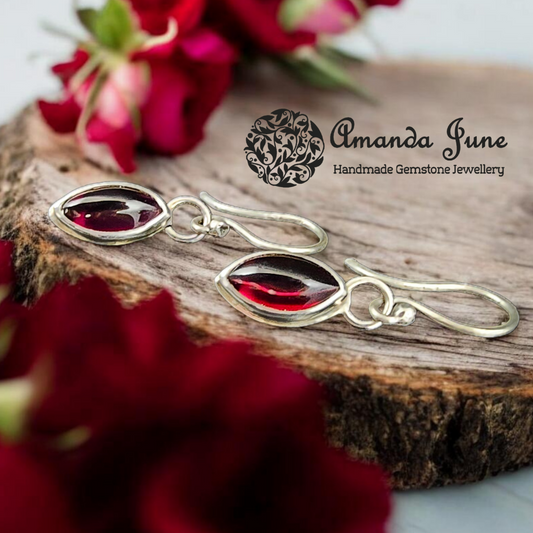 Garnet Marquis Dangle Earrings - Sterling Silver - Artisan Crafted - Natural Red Gemstone - January Birthstone