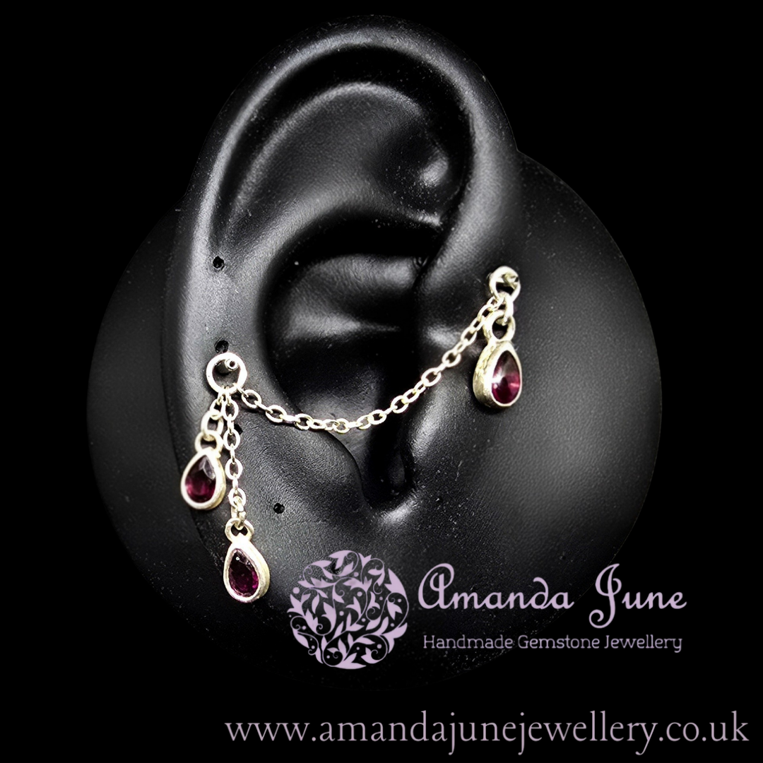 Garnet Teardrop Ear Chain - Sterling Silver  - Ear Styling for Pierced Ears - Artisan Crafted - Natural Gemstone - January Birthstone