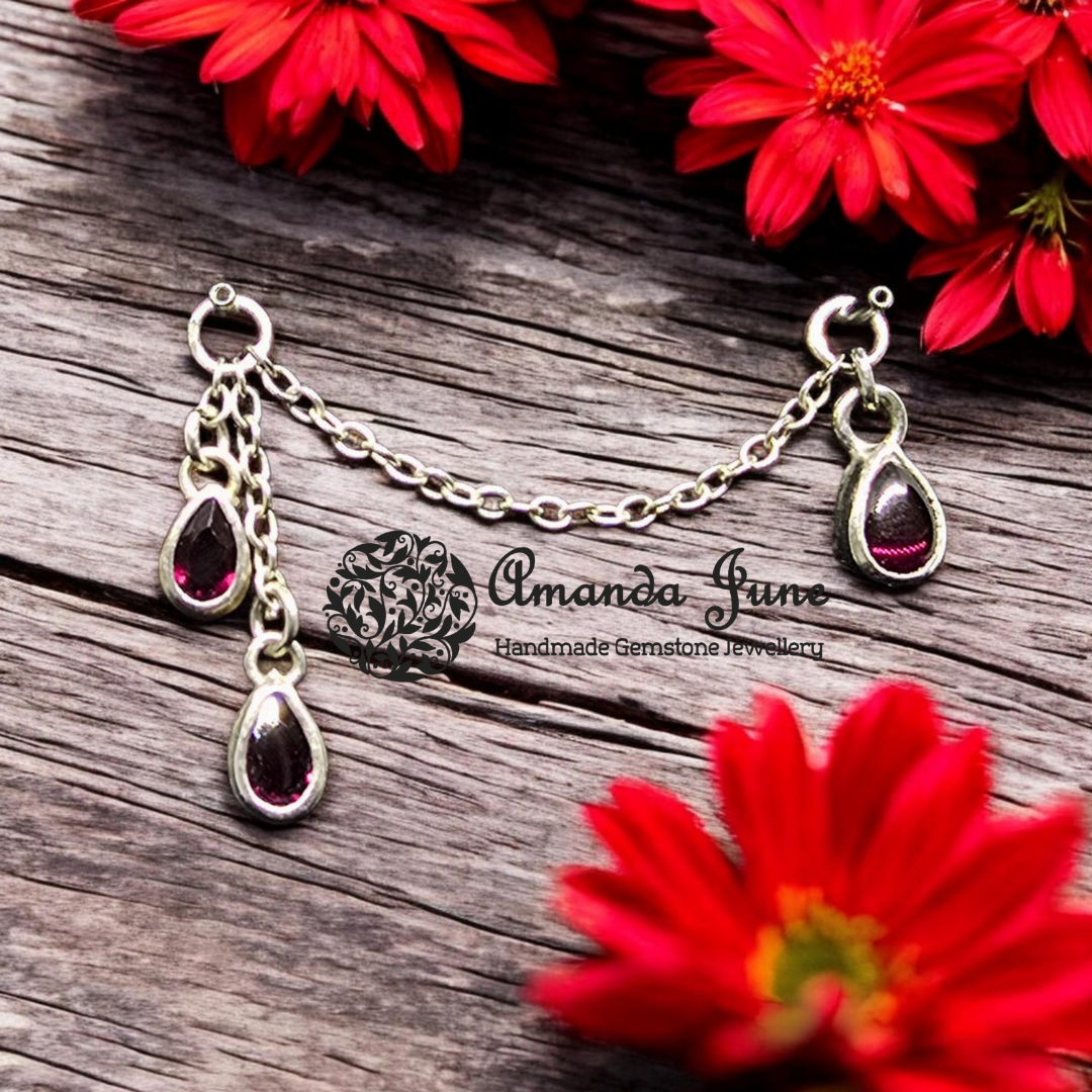 Garnet Teardrop Ear Chain - Sterling Silver  - Ear Styling for Pierced Ears - Artisan Crafted - Natural Gemstone - January Birthstone