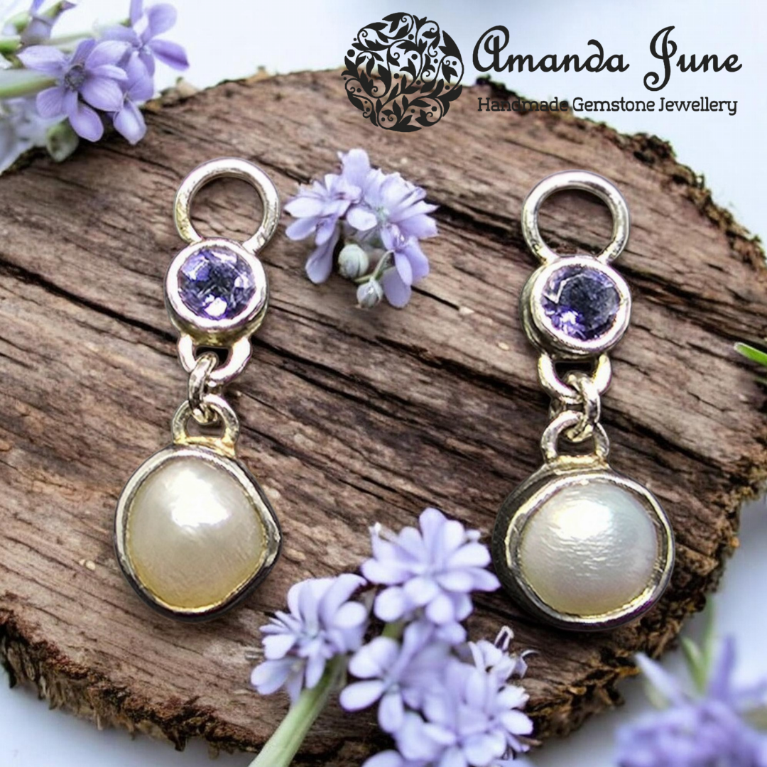 Iolite 'Water Sapphire' and Pearl Charms – Sterling Silver, Artisan Crafted, Natural Gemstone, June Birthstone