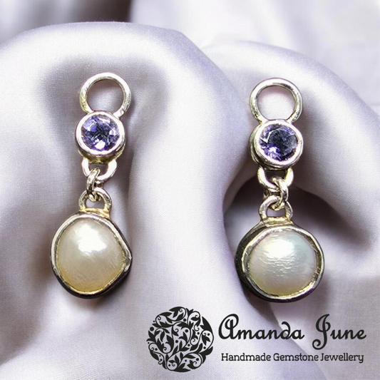 Iolite 'Water Sapphire' and Pearl Charms – Sterling Silver, Artisan Crafted, Natural Gemstone, June Birthstone