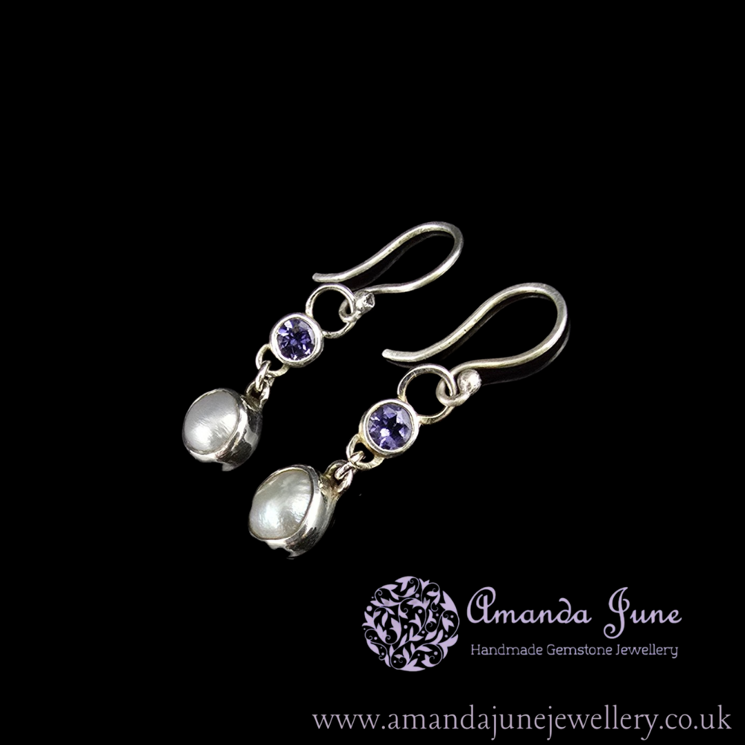 Iolite 'Water Sapphire' Pearl Earrings – Sterling Silver, Artisan Crafted, June Birthstone