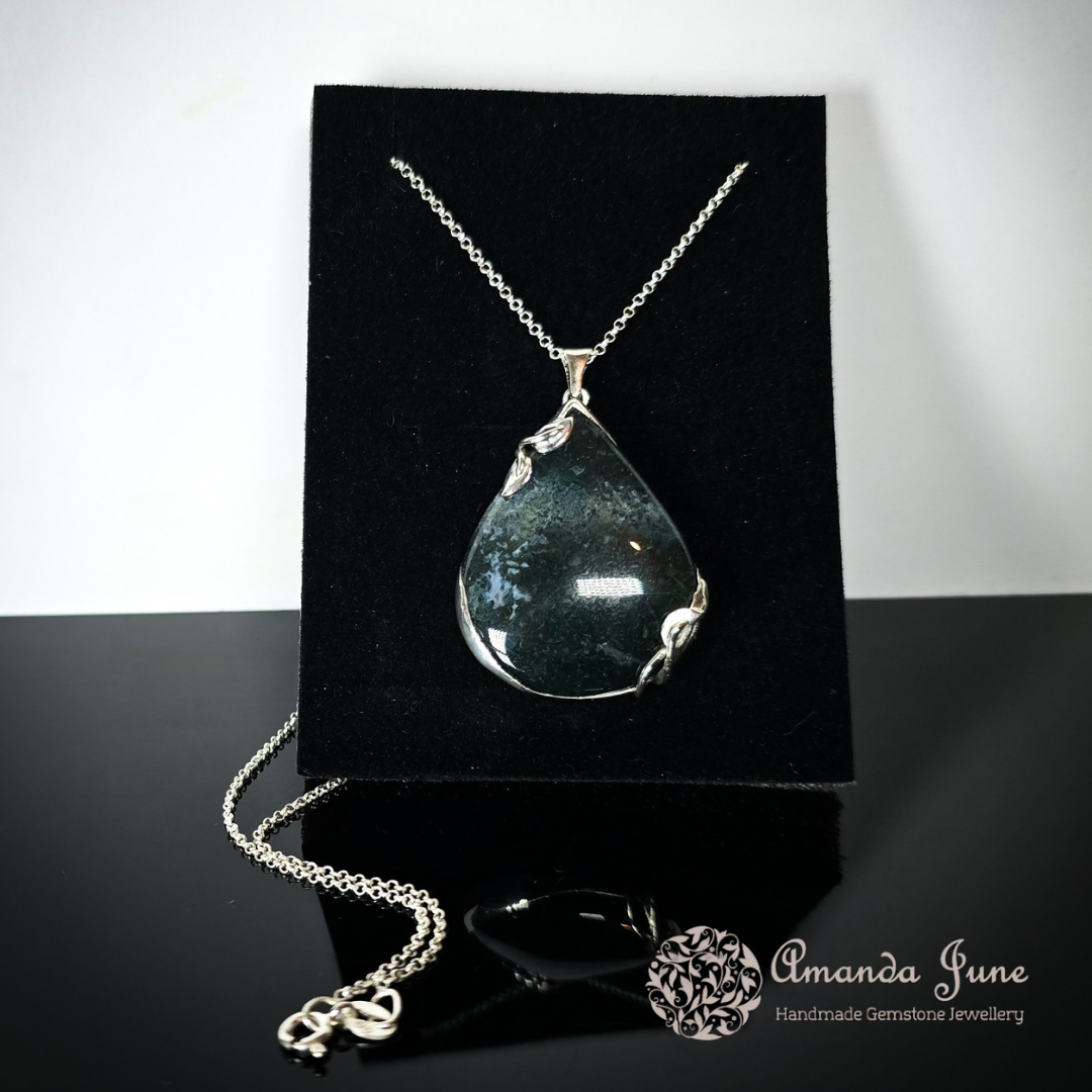 Moss Agate Gemstone Leaf Pendant Handmade in Sterling Silver