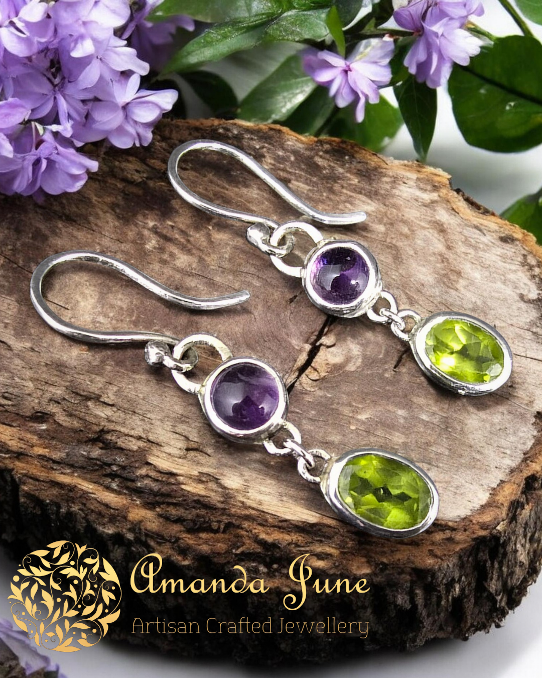 Peridot and Amethyst Dangle Earrings - Sterling Silver - Artisan Crafted - Natural Gemstone