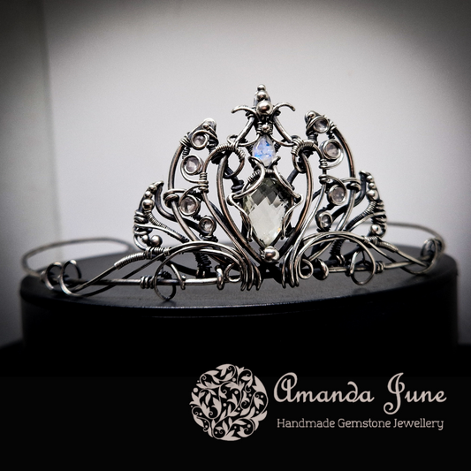 Sterling Silver Lotus Tiara With Prasiolite, Rainbow Moonstone and Rose Quartz