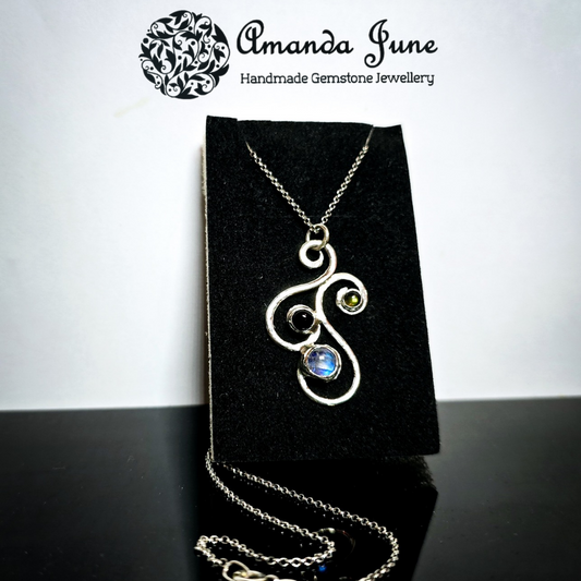 Rainbow Moonstone, Onyx and Peridot Gemstone Pendant Handmade in Sterling Silver