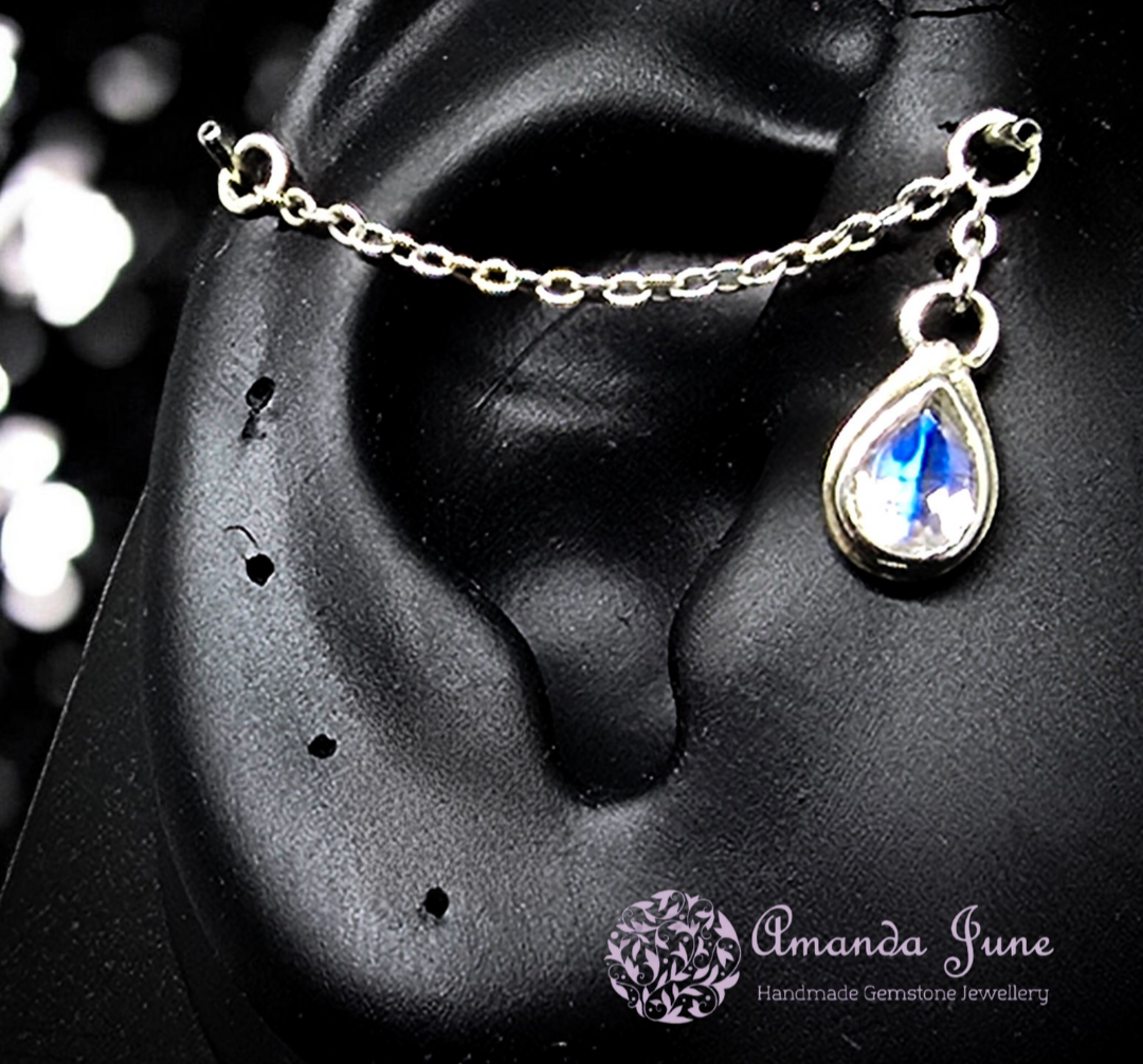 Rainbow Moonstone Ear Chain - Sterling Silver Artisan Crafted Gemstone Jewellery