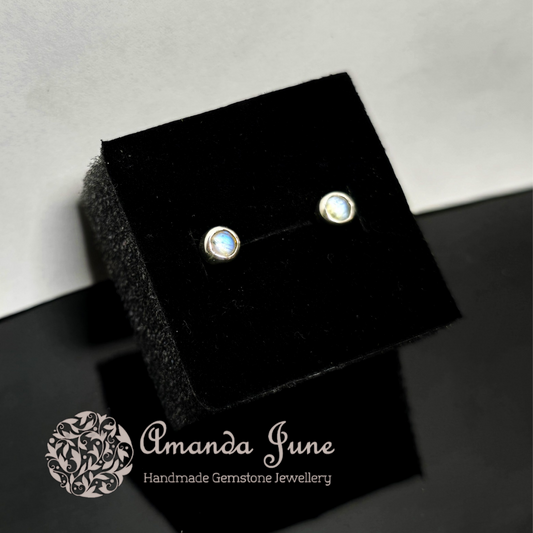 Rainbow Moonstone Dainty Gemstone Stud Earrings Handmade in Sterling Silver