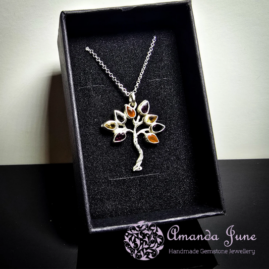 Citrine, Garnet, Carnelian and Smoky Quartz Tree Pendant in Sterling Silver Nature-Inspired Autumn Gemstone Necklace