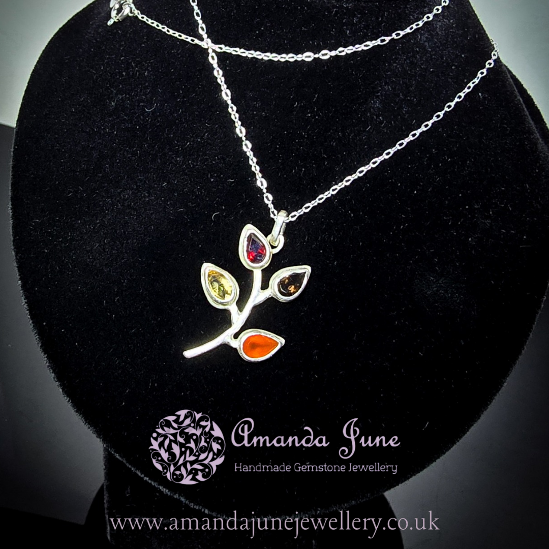 Citrine, Garnet, Carnelian and Smoky Quartz Leaf Pendant in Sterling Silver Nature-Inspired Gemstone Necklace