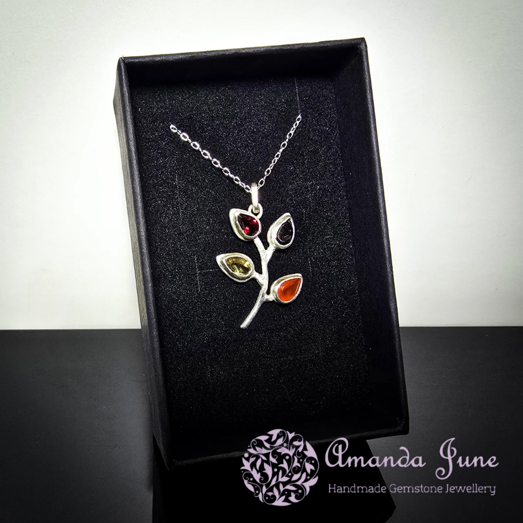 Citrine, Garnet, Carnelian and Smoky Quartz Leaf Pendant in Sterling Silver Nature-Inspired Gemstone Necklace