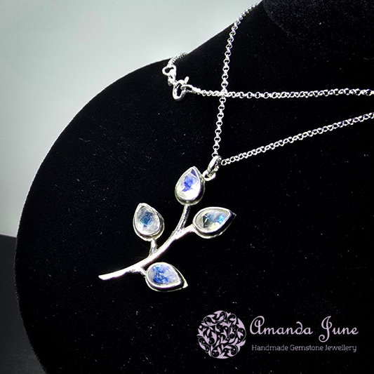 Rainbow Moonstone Leaf Pendant in Sterling Silver Nature-Inspired Handmade Gemstone Pendant