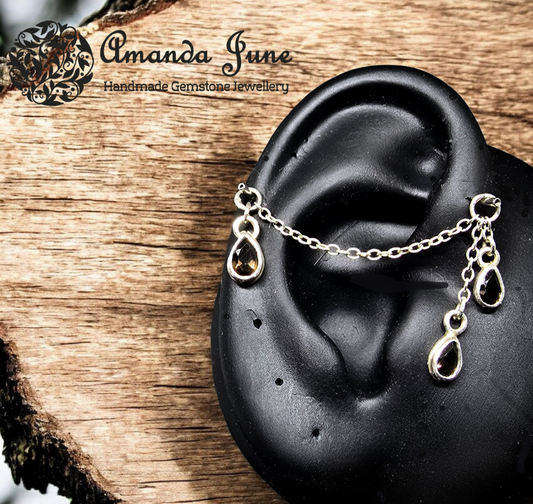 Smoky Quartz Gemstone Ear Chain - Sterling Silver - Ear Styling for Pierced Ears - Artisan Crafted - Natural Gemstone