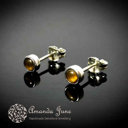 Tiger's Eye Unisex Gemstone Stud Earrings Handmade in Sterling Silver