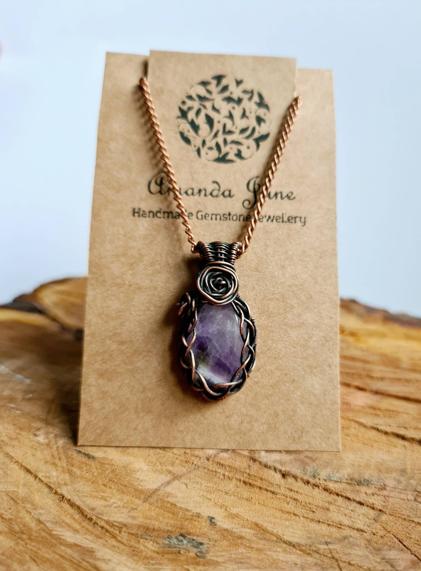Amethyst Gemstone Necklace Pendant in Copper