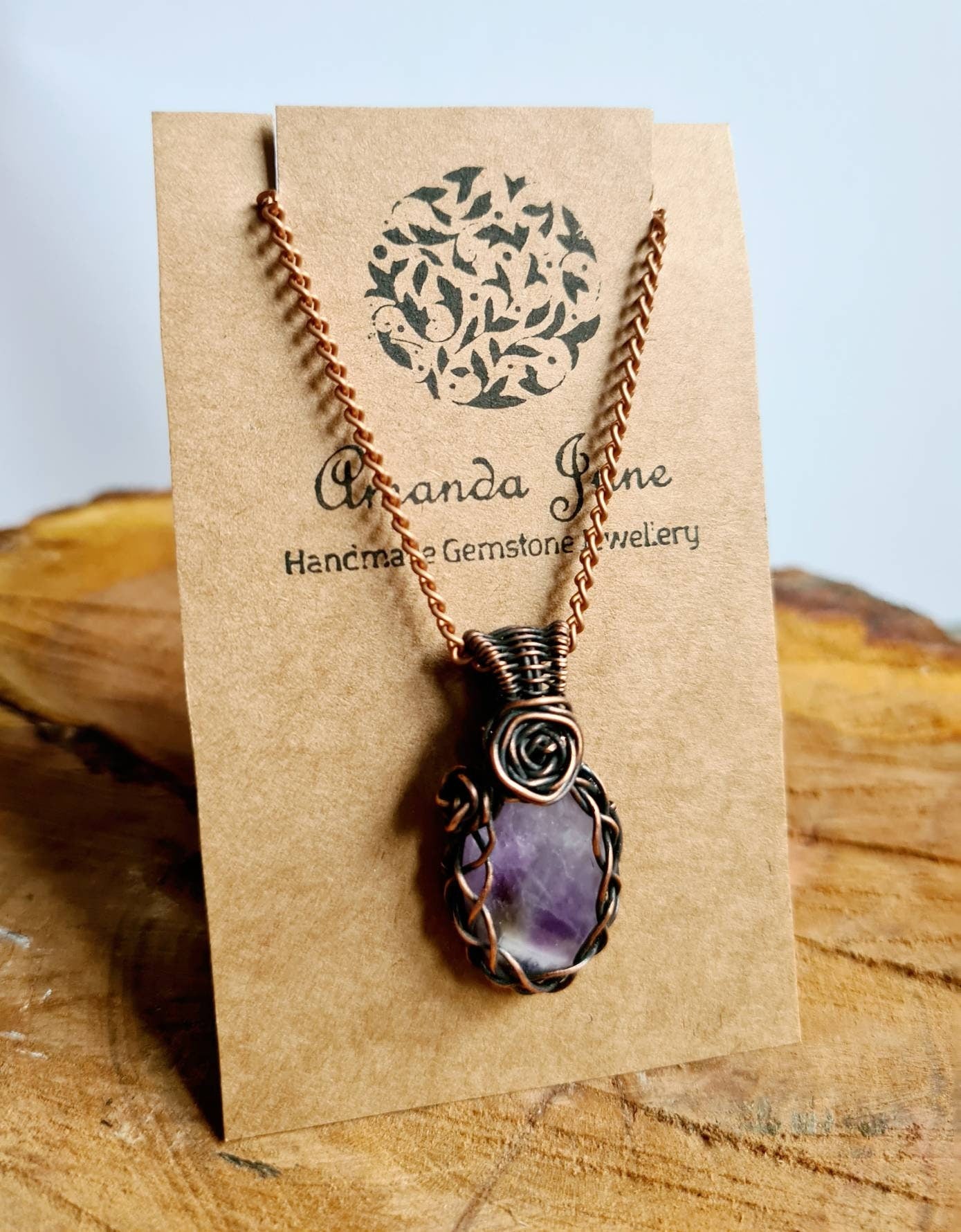 Amethyst Gemstone Necklace Pendant in Copper