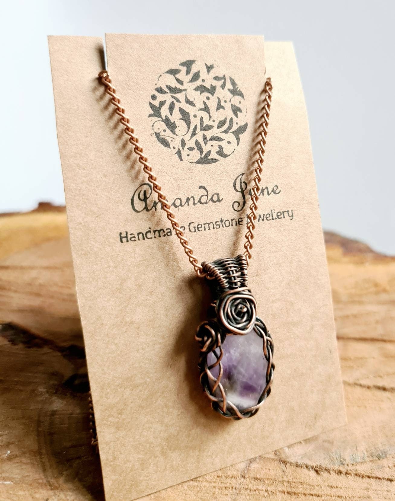 Amethyst Gemstone Necklace Pendant in Copper