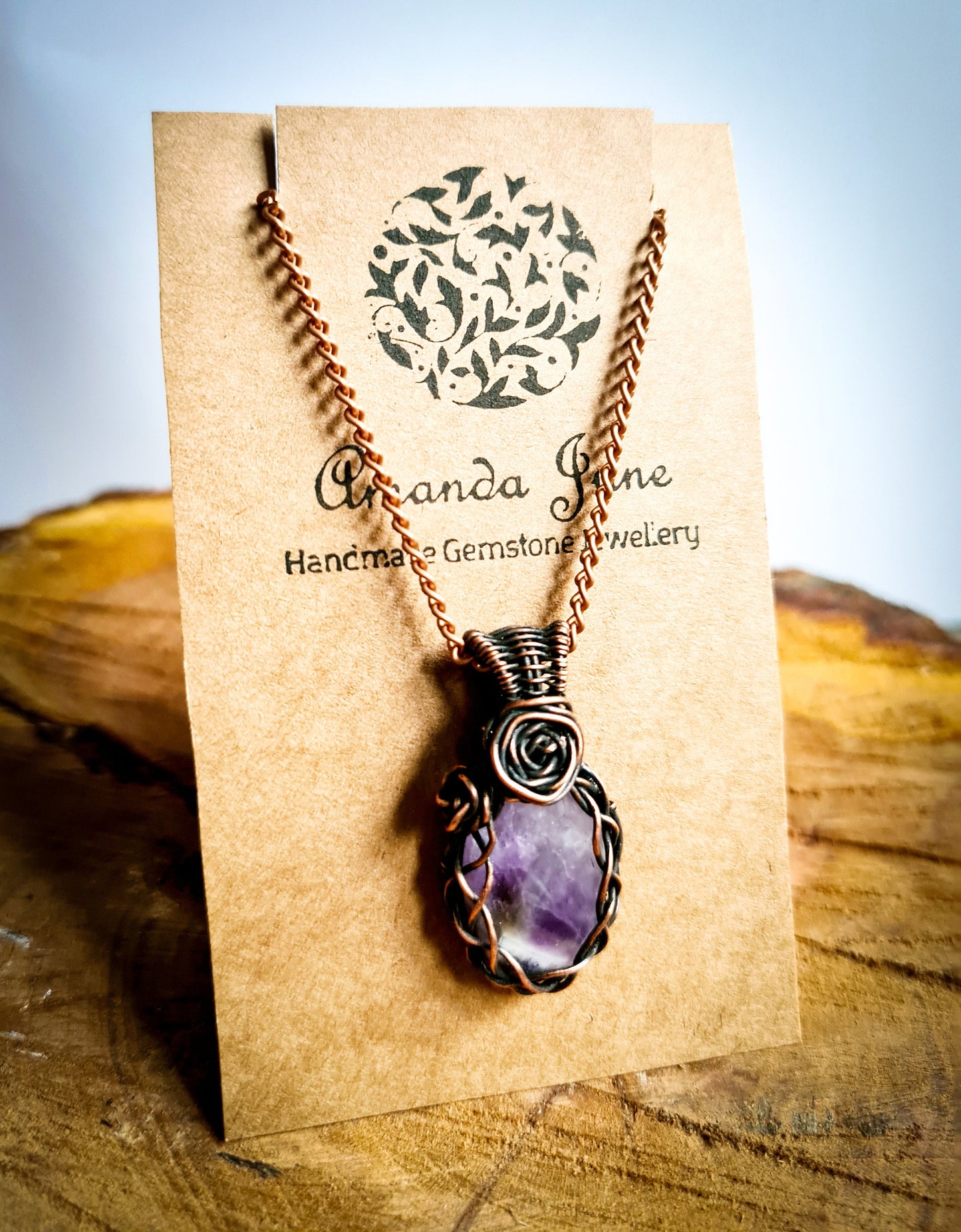 Amethyst Gemstone Necklace Pendant in Copper