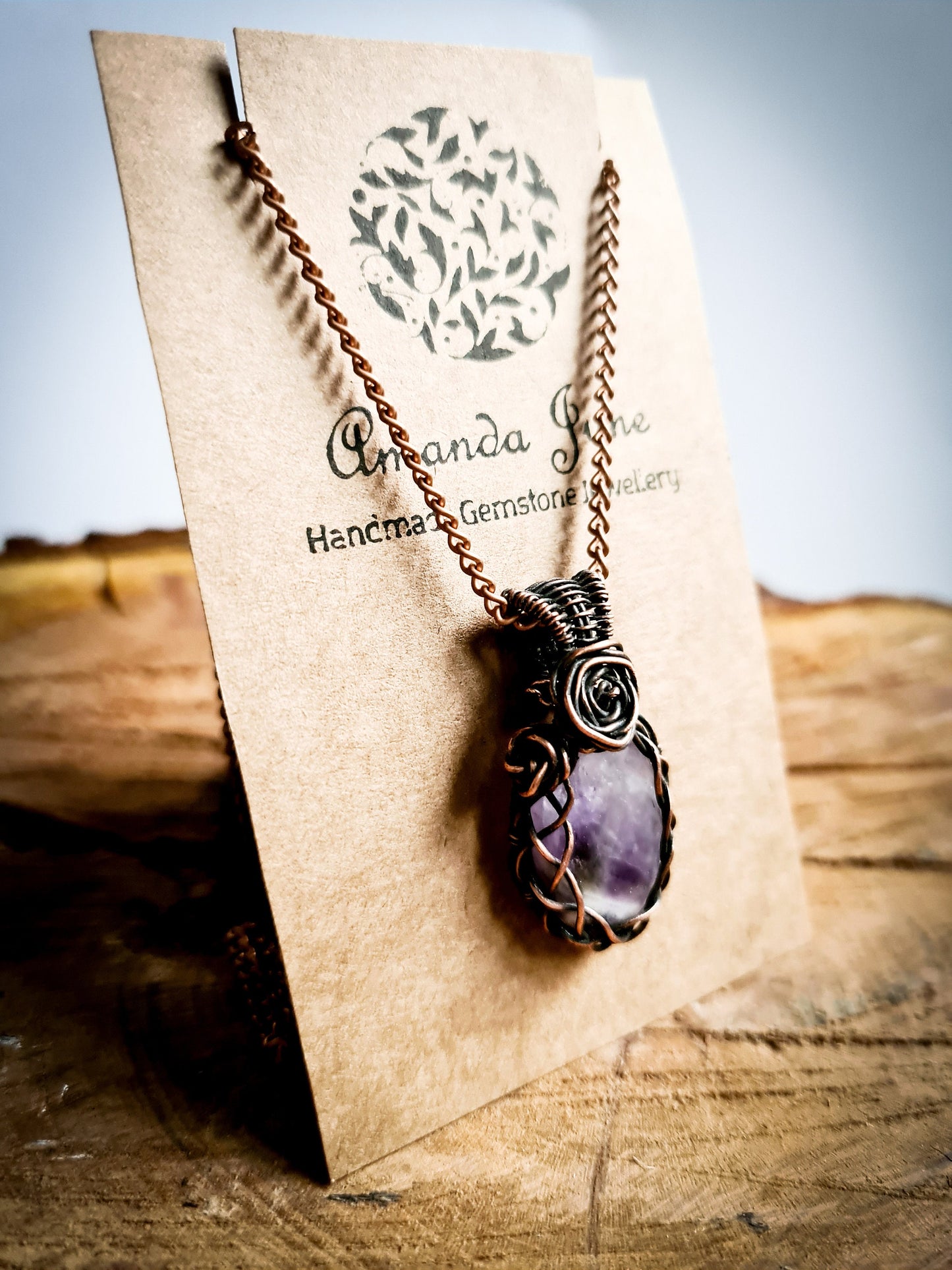 Amethyst Gemstone Necklace Pendant in Copper